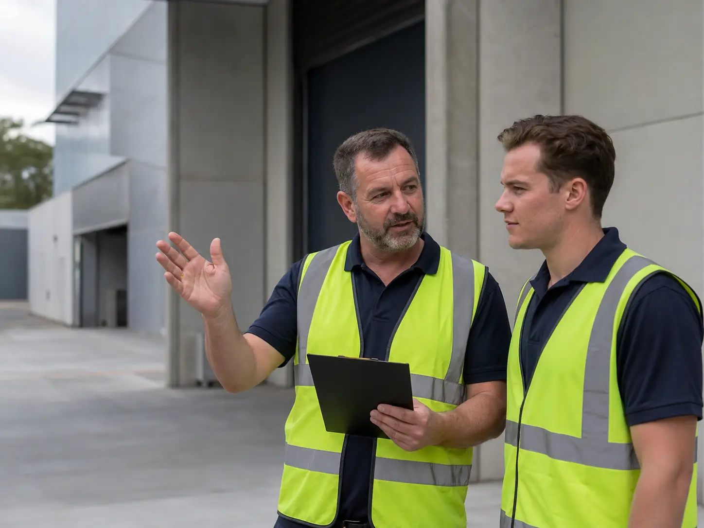 Two workers in high-visibility vests reviewing a site briefing on a clipboard.